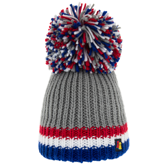 Grey, Blue, White and Red Big Bobble Hat